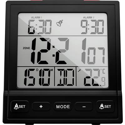 Een digitale wekker die de huidige tijd aangeeft als '12:21 's middags', met alarmtijden ingesteld op '6:30' en '9:30'. Temperatuur is '22°C'.