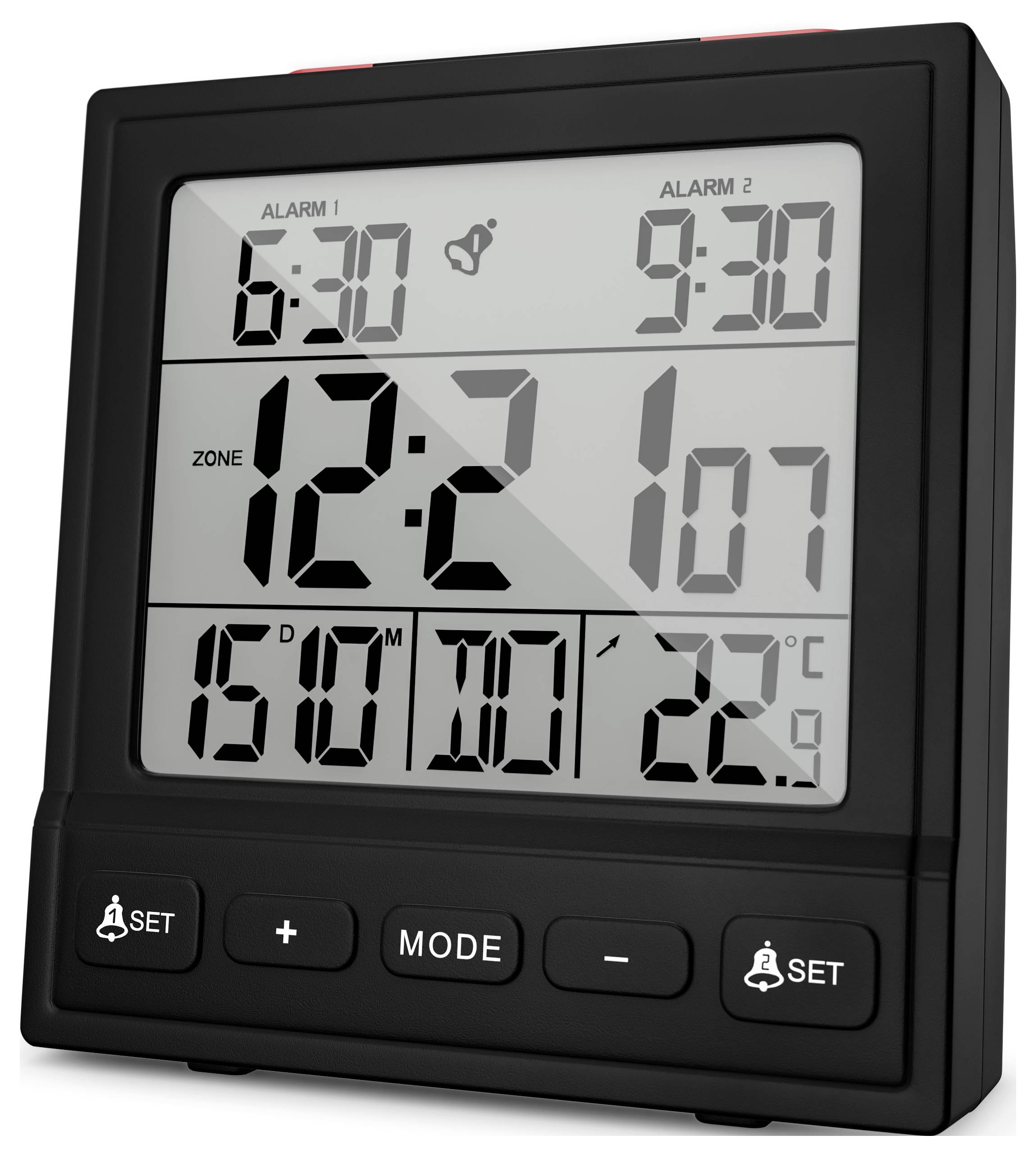 Een digitale wekker die twee alarmen toont ingesteld op 6:30 en 9:30, huidige tijd 12:21, datum 15e, dag Maandag, en temperatuur 22°C.