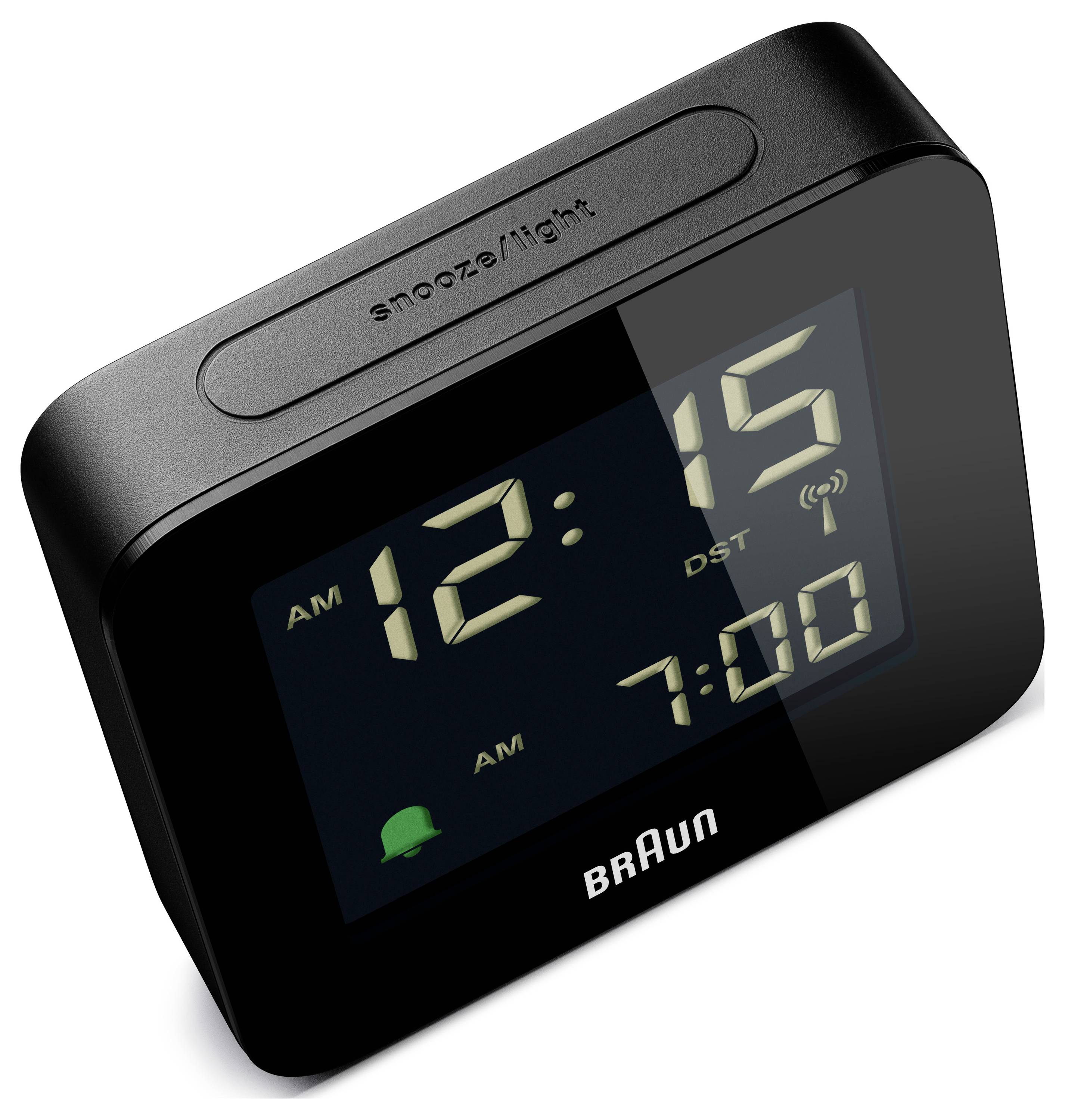 Digitale wekker die '12:15 uur' aangeeft met een alarmtijd ingesteld op '7:00 uur', met bovenop een sluimer-/lichtknop.