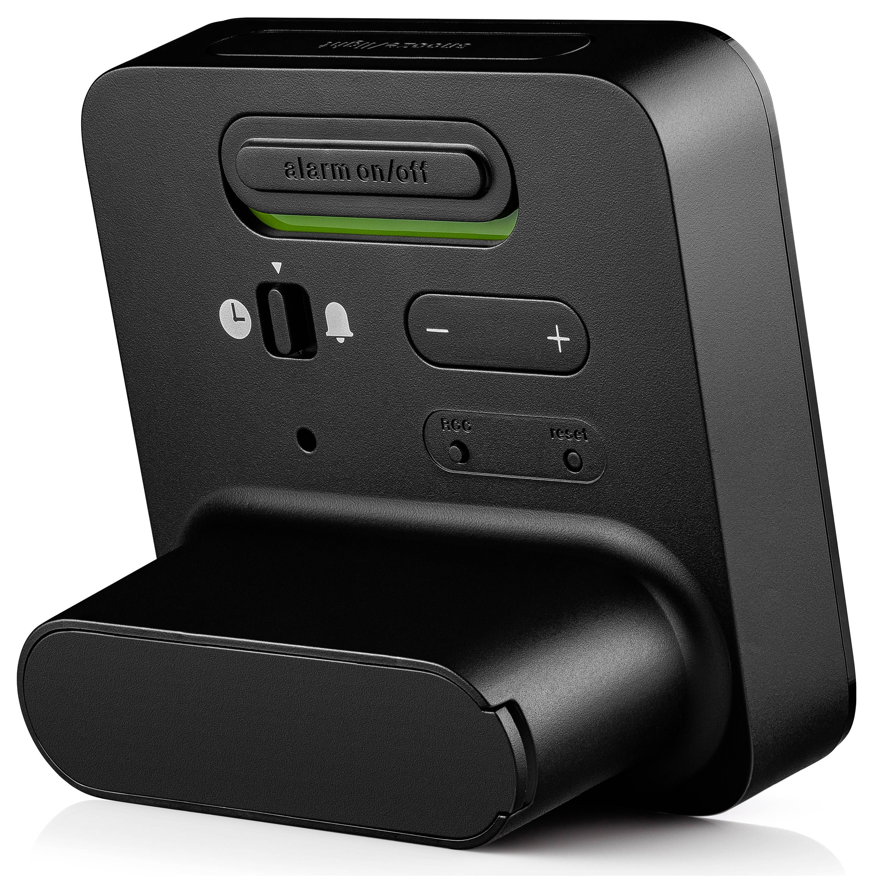 Een zwarte elektronische wekker met knoppen voor alarm aan/uit, volumebediening en snooze. Een groen indicatielampje is zichtbaar.