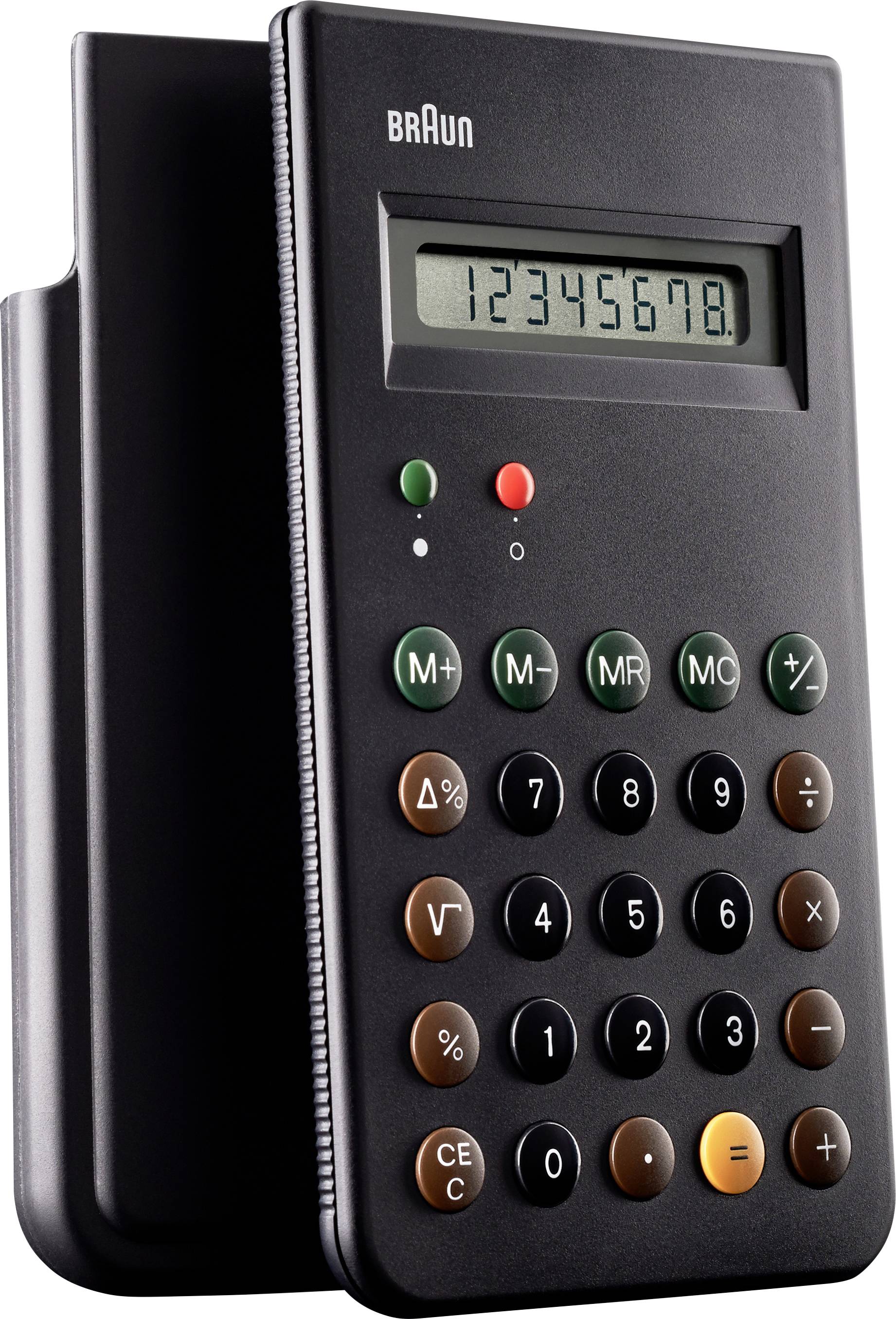 Een strakke zwarte elektronische rekenmachine met een numeriek display en kleurgecodeerde toetsen voor basale rekenfuncties.