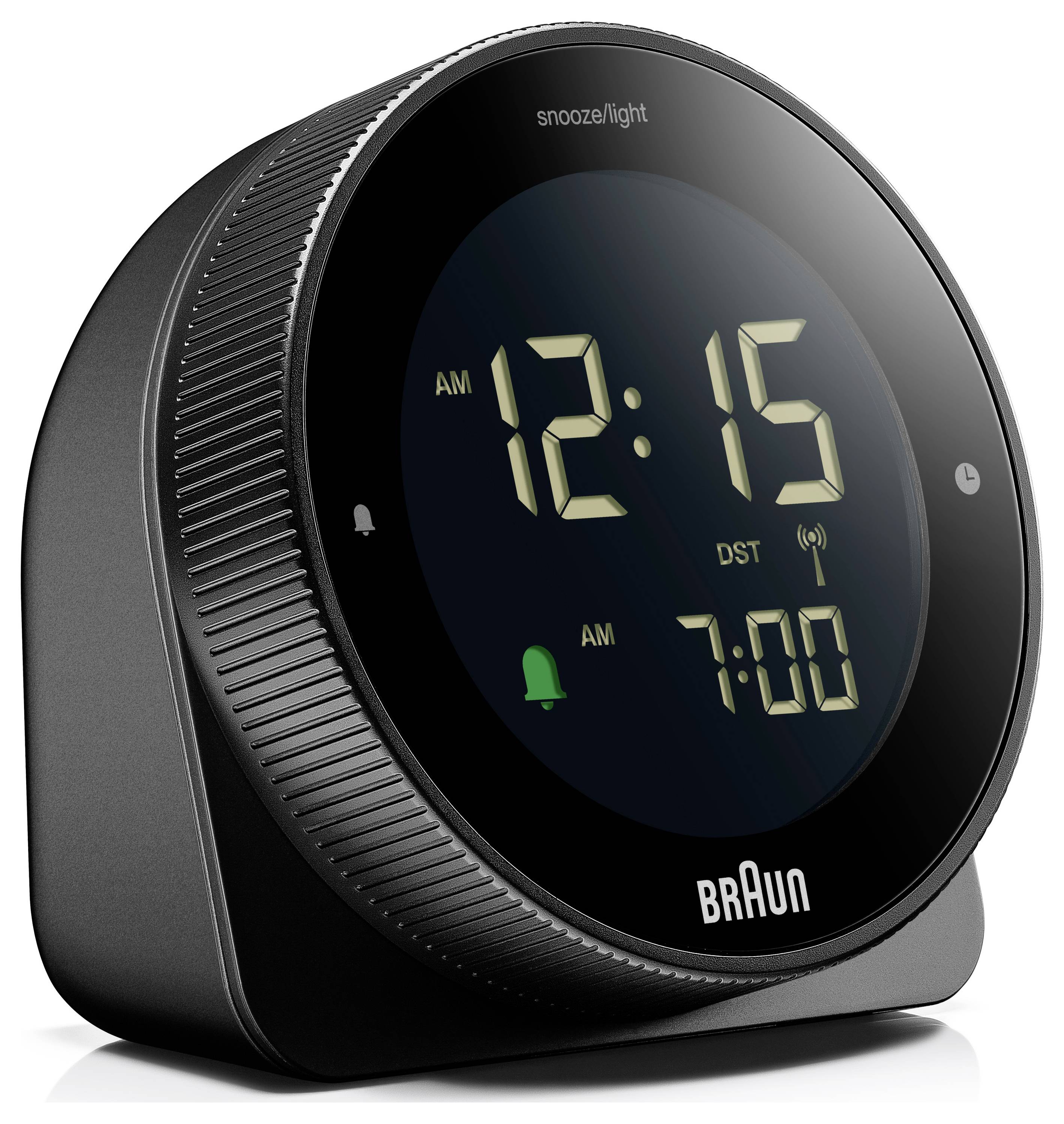 Een zwarte digitale wekker met een rond display dat '12:15 AM' weergeeft. Het display heeft indicatoren voor alarm, snooze en verlichting.