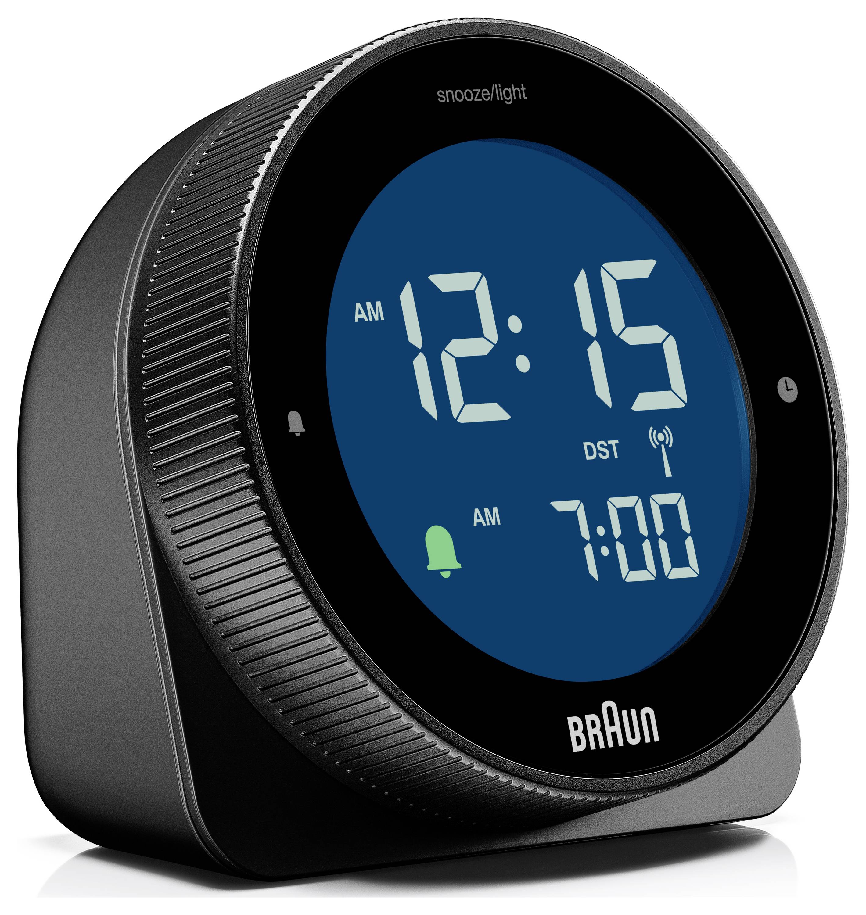 Digitale wekker die '12:15 uur' aangeeft met de alarmtijd ingesteld op '7:00 uur'. Hij beschikt over een sluimer-/lichtknop en heeft een modern design.
