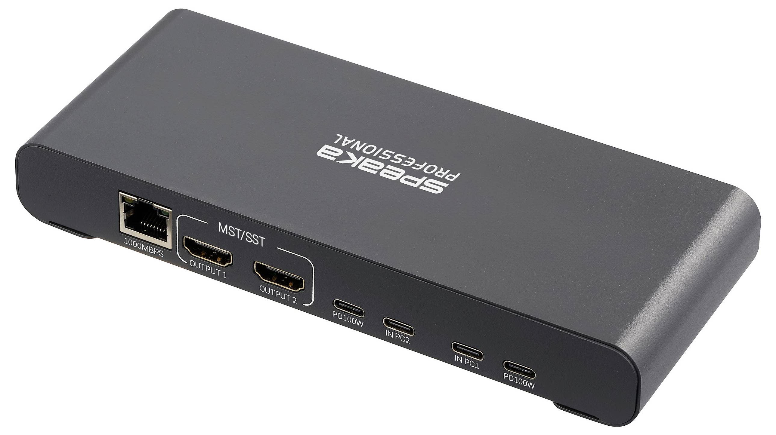Een strak, zwart dockingstation met meerdere poorten, waaronder Ethernet, HDMI en USB-C, weergegeven op een witte achtergrond.