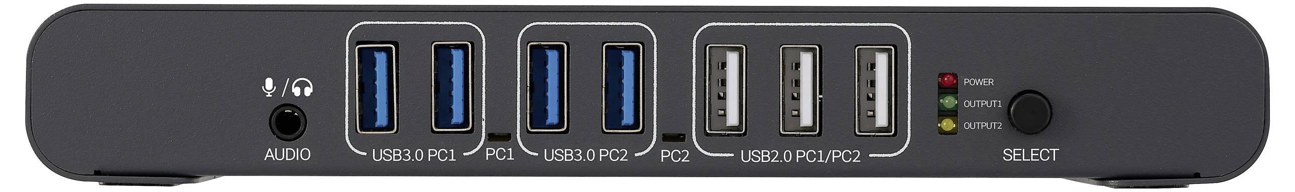 Een zwart elektronisch apparaat met meerdere USB-poorten, een audio-aansluiting en statusindicatorlampjes aan de rechterkant; voorzien van de labels 'USB 3.0' en 'PC'.