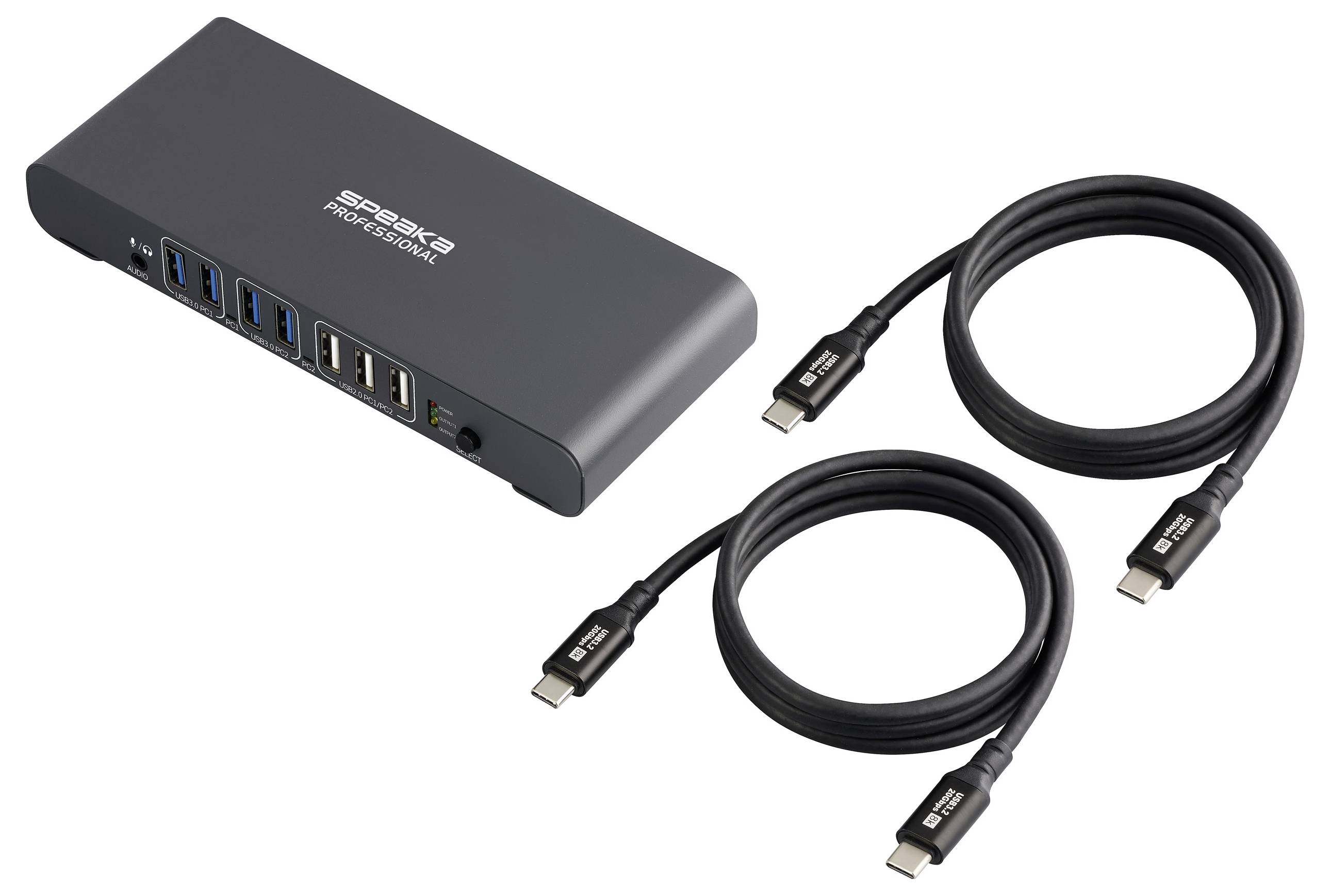 Een dockingstation met meerdere USB-poorten en andere aansluitingen, vergezeld van twee USB-C kabels.