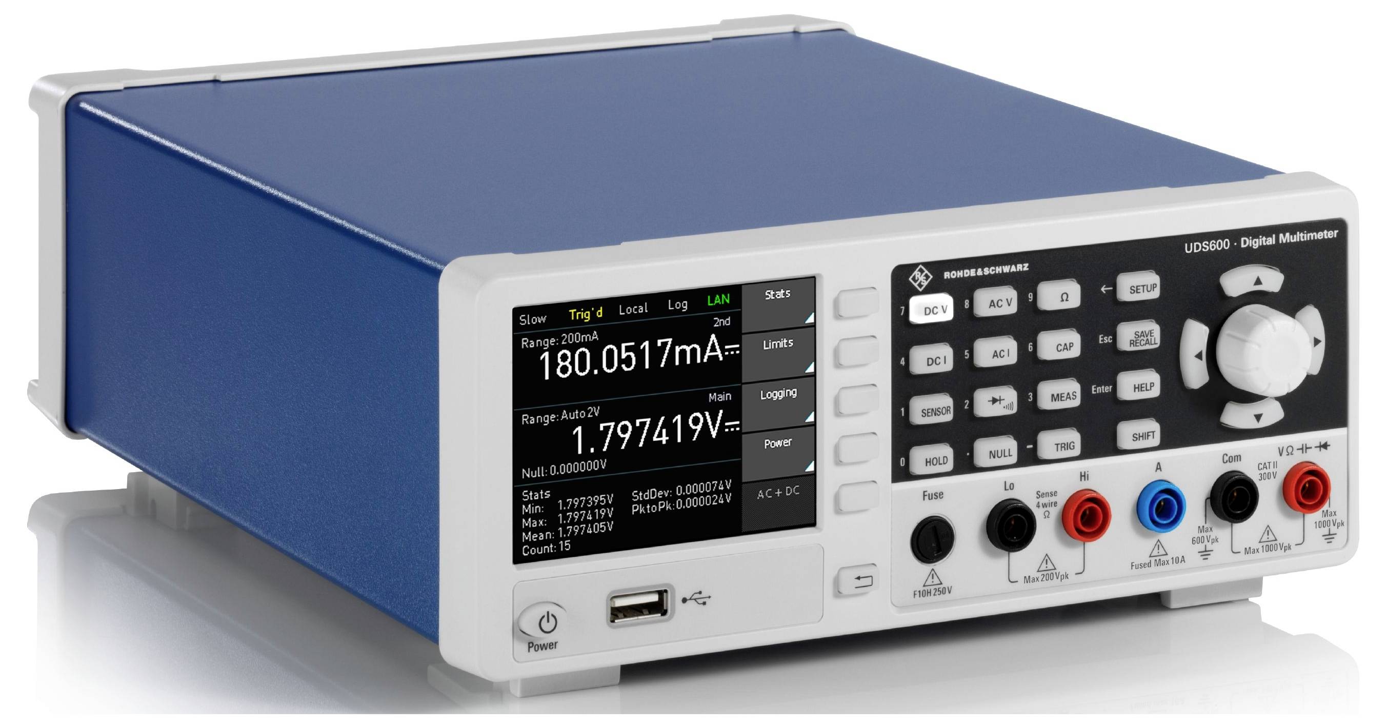 Een digitale multimeter met een blauw en wit behuizing, met metingen van '180,0517 mA' en '1,797419 V' op het scherm, naast bedieningsknoppen.