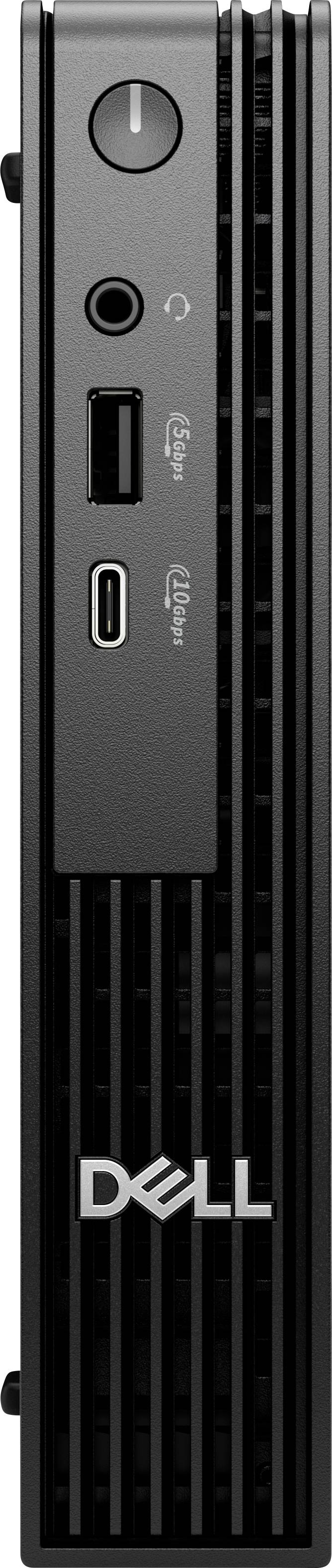 Een zwart Dell computerfrontpaneel met een aan/uit-knop, koptelefoonaansluiting, USB-poort en USB-C-poort, met het Dell-logo onderaan.