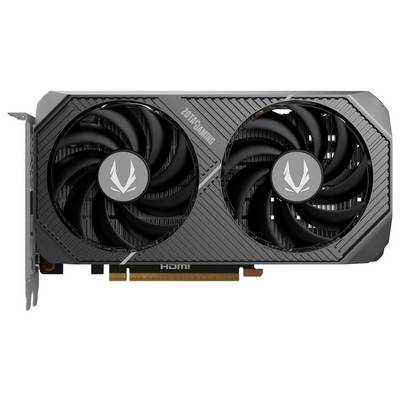 'ZOTAC GAMING' videokaart met dubbele ventilatoren, zwarte behuizing en een HDMI-poort aan de zijkant. Geschikt voor high-performance gaming.