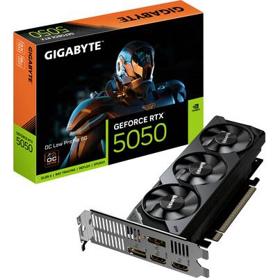 Gigabyte GeForce RTX 5050 videokaart met drie ventilatoren; doos toont een geanimeerde figuur en tekst 'DLSS 4 | Ray Tracing | Reflex | Studio'.