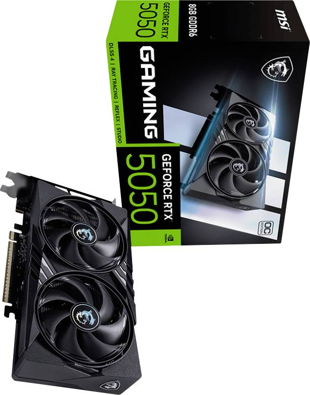 MSI Gaming GeForce RTX 5050 videokaart met dubbele fans. Verpakking benadrukt DLSS 4, ray tracing en PCIe 4 ondersteuning.