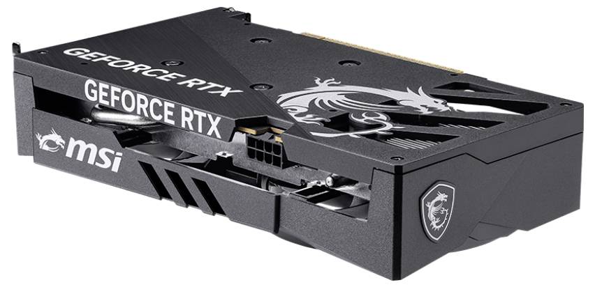 Een zwarte MSI GeForce RTX grafische kaart met een drakenlogo is te zien. Hij heeft een robuust ontwerp met zichtbare koelcomponenten.