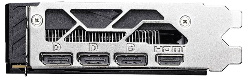 Een zilverkleurig graphics card aansluitmenu met drie DisplayPort-poorten en één HDMI-poort, ontworpen voor het aansluiten van monitors of weergaveapparatuur.