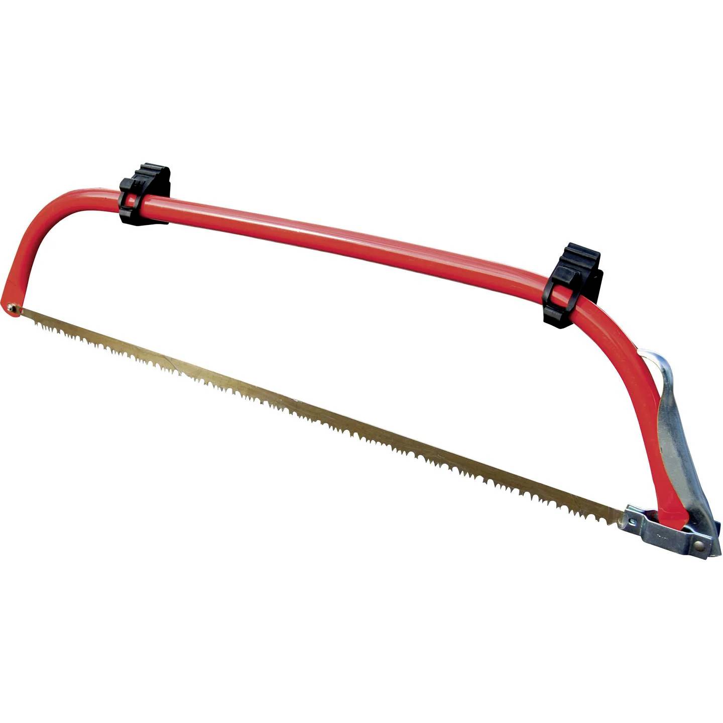 Een rode-handgreep boomzaag met een metalen zaagblad voor het zagen van hout, afgebeeld tegen een effen witte achtergrond.