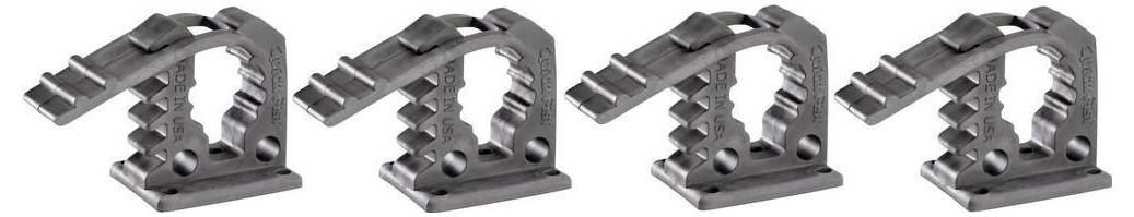 Vier identieke grijze kunststof beugels naast elkaar geplaatst, schuin gepositioneerd met tandvormige inkepingen aan de binnenkant en gaten aan de basis.