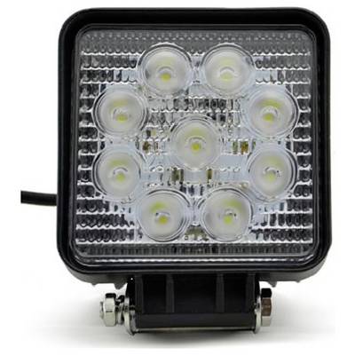 'Vierkante LED-lamp met negen kleine, ronde lampjes in een 3x3-raster, gemonteerd in een zwart frame en beugel.'