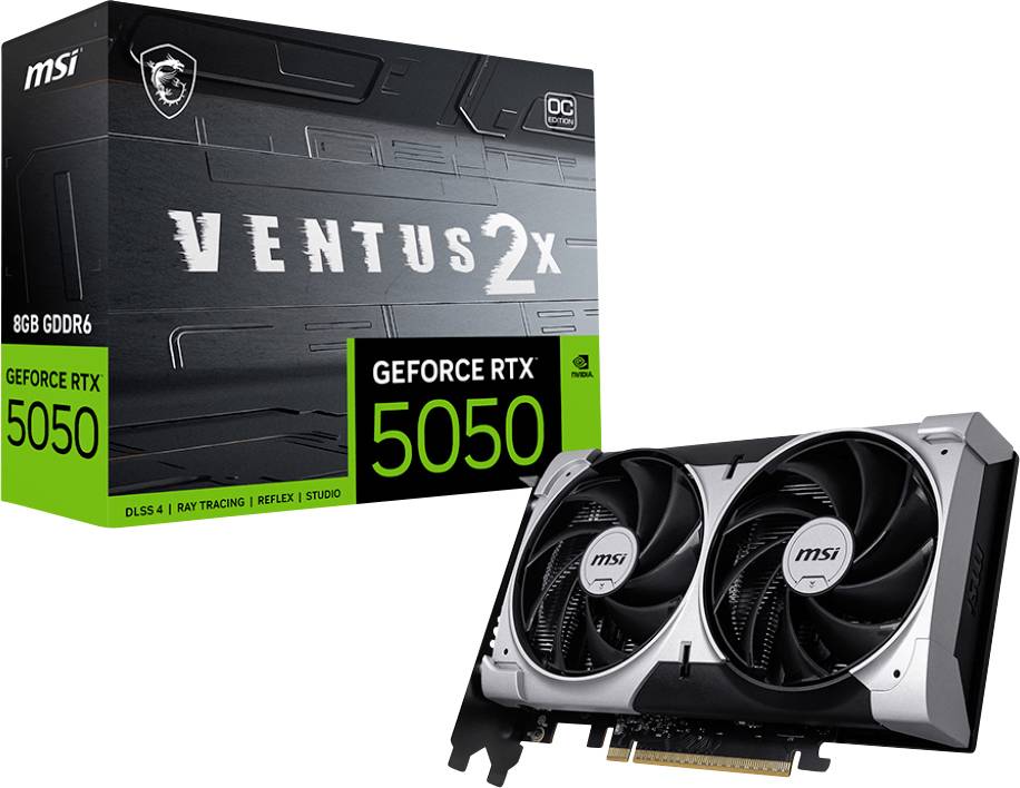 'MSI Ventus 2X GeForce RTX 5050 videokaart met twee ventilatoren, 8GB GDDR6, voorzien van ray tracing en DLSS 3 met Reflex Studio.'