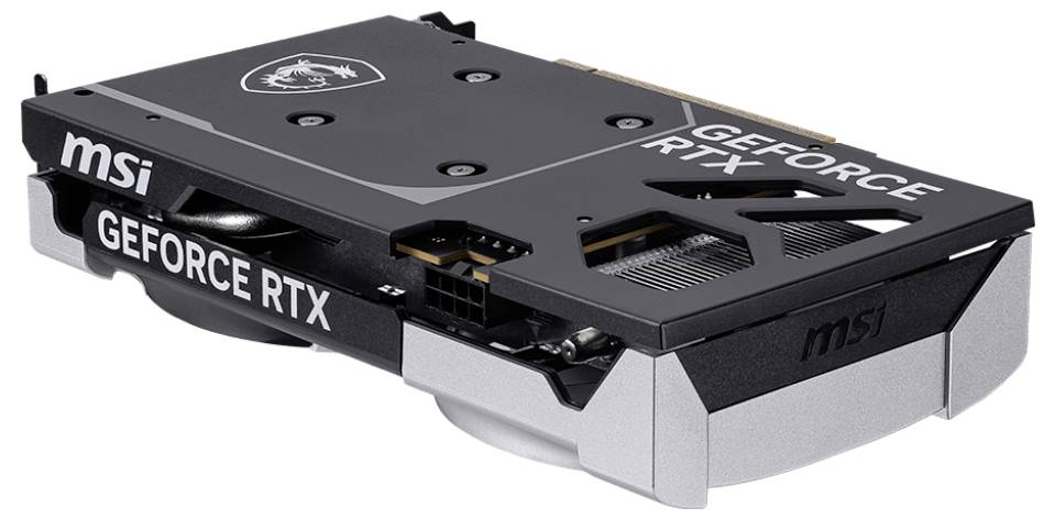 Een zwarte MSI GeForce RTX-videokaart met een koelsysteem met twee ventilatoren, gezien vanuit zijaanzicht.