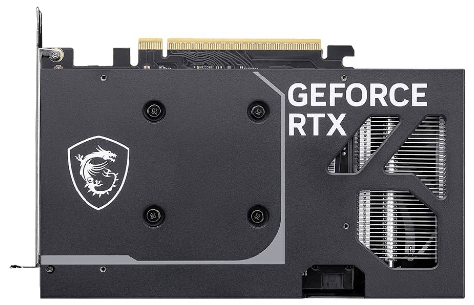 Een grafische kaart met zijn achterkant zichtbaar, waarop 'GEFORCE RTX' tekst en een drakenlogo te zien zijn, ontworpen voor high-performance computing.