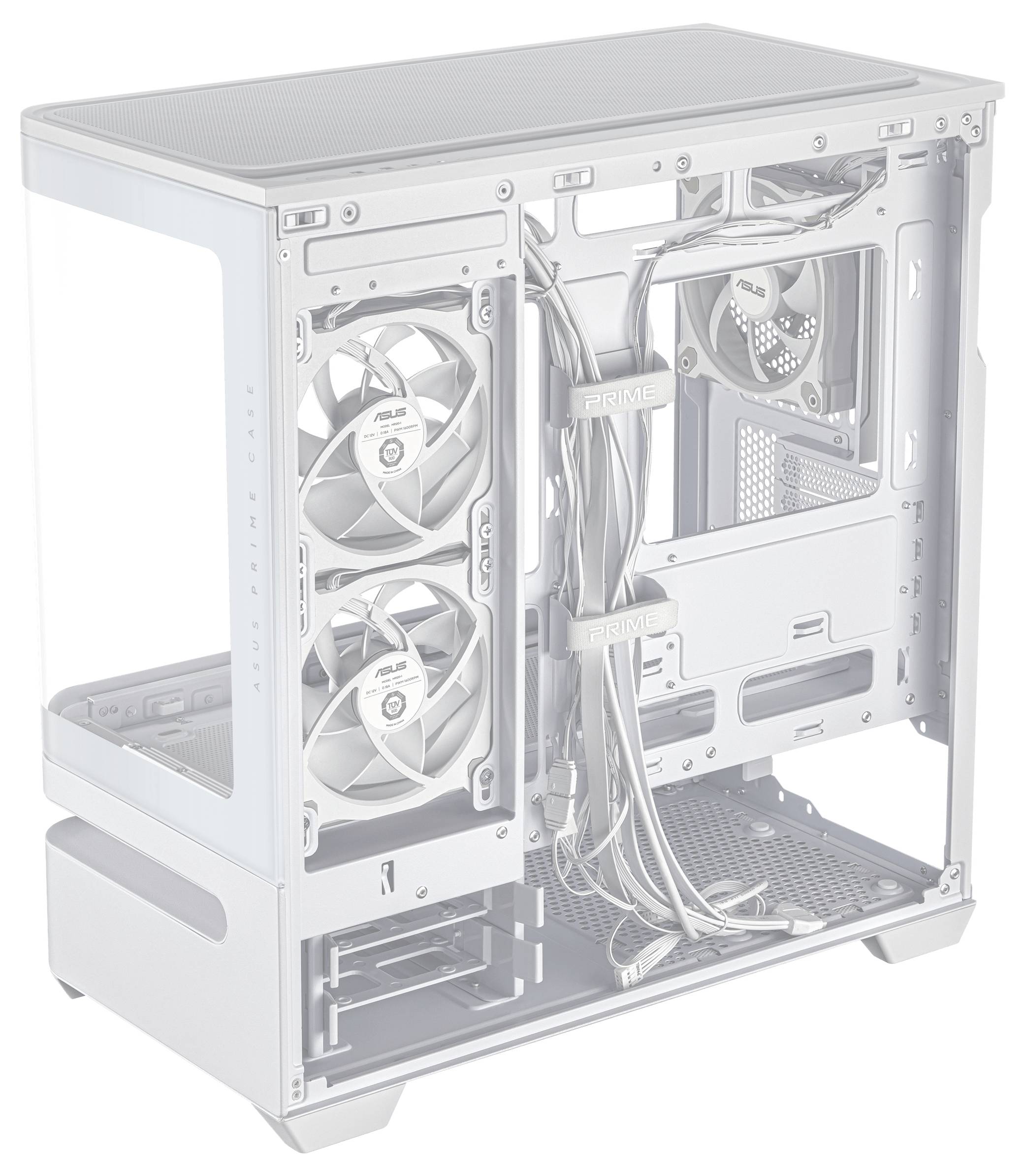 Een mid-tower computerbehuizing die de interne kabelgeleiding, ventilatorposities en moederbordbevestigingspunten toont, met de nadruk op een nette indeling.