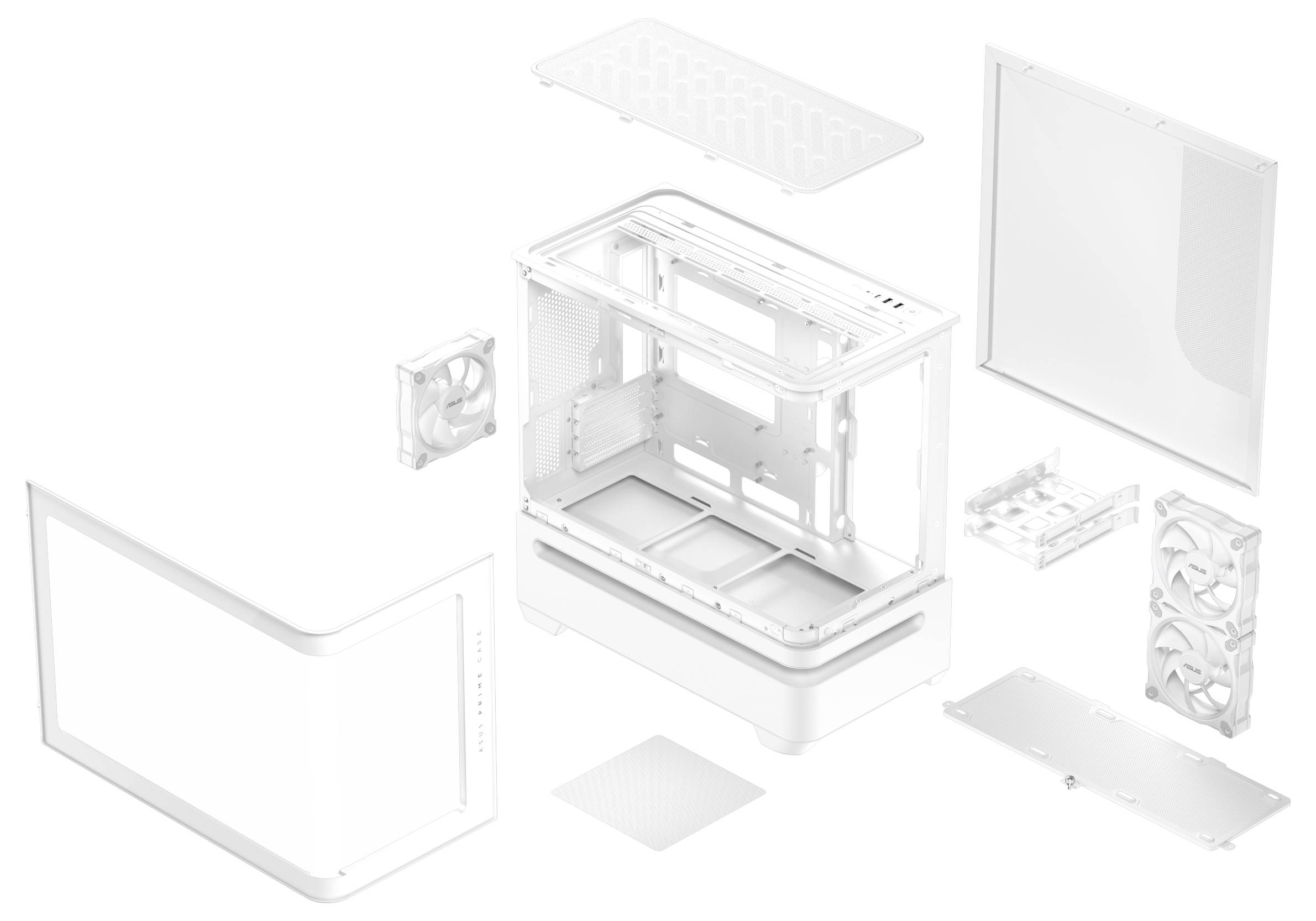 Ontplofte weergave van een computerbehuizing met gedemonteerde componenten: frame, panelen, ventilatoren en laden, die de assemblagestructuur illustreren.