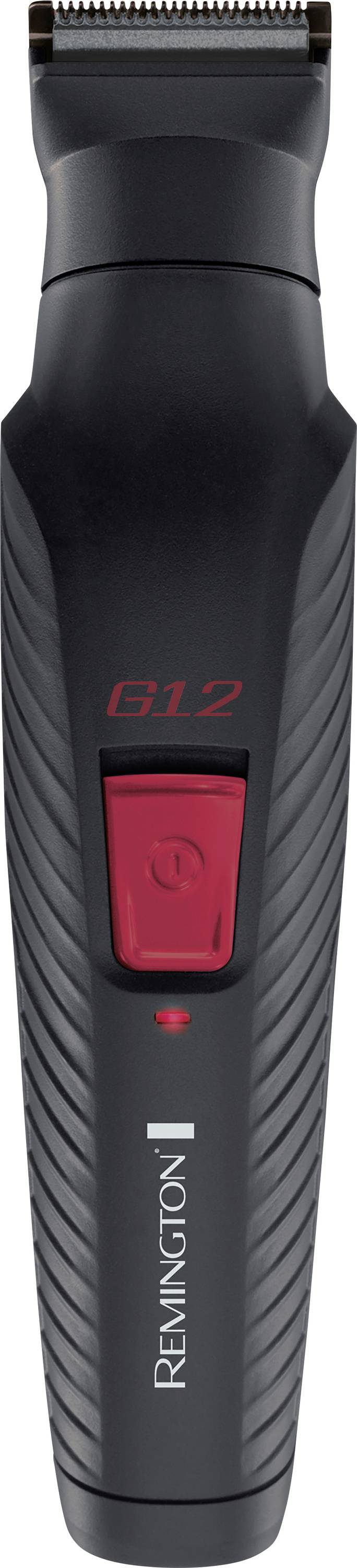 Zwarte en rode elektrische trimmer met gestructureerde grip, voorzien van het merk 'Remington' en model 'G12' op de handgreep.