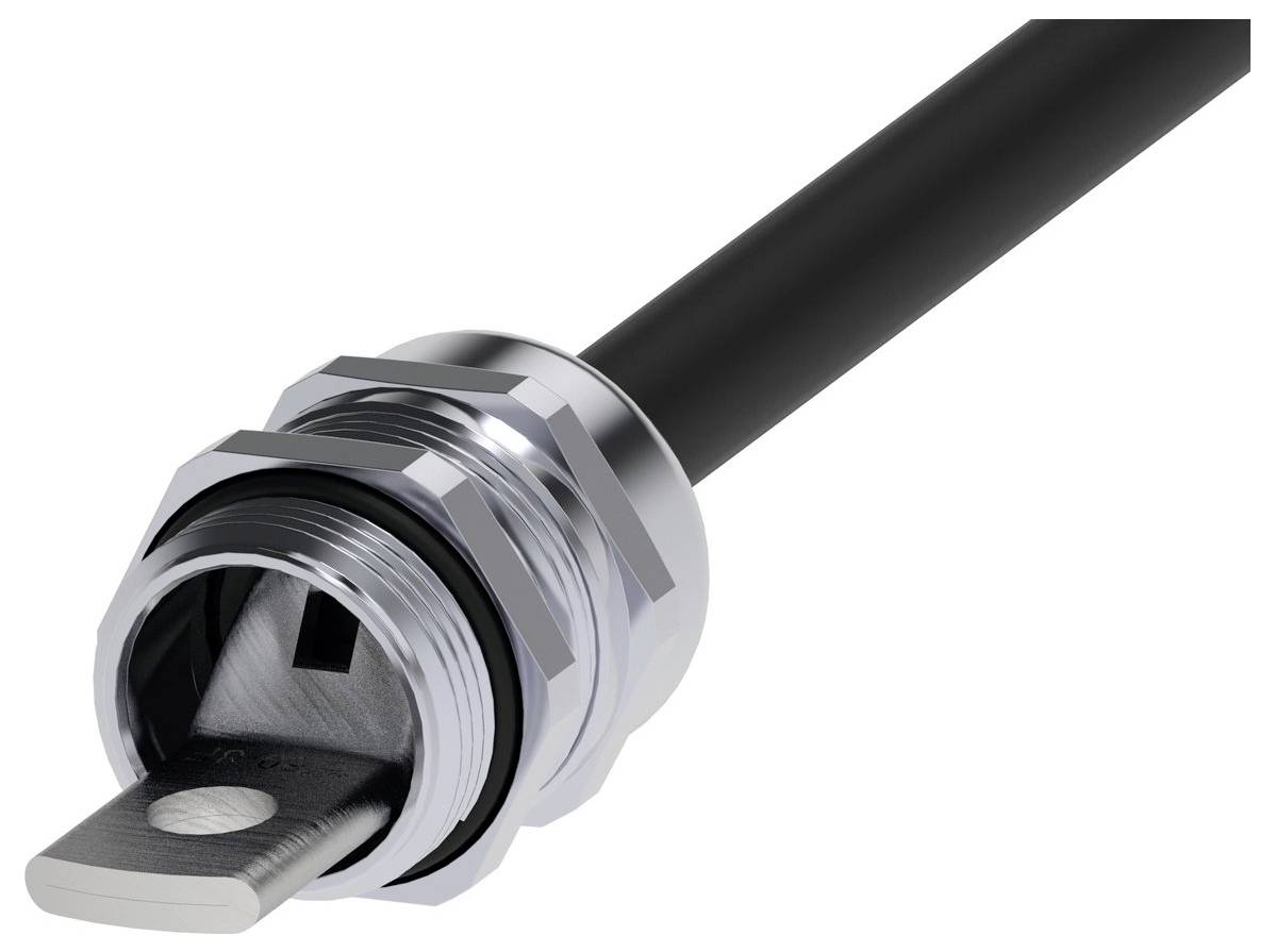 Een zwarte geïsoleerde kabel met een metalen ringaansluiting, ontworpen voor een veilige bevestiging aan apparatuur, waarbij de robuuste, duurzame constructie duidelijk zichtbaar is.