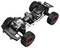 De afbeelding toont een zwart RC-autoframe met grote, robuuste banden met rode velgen, zichtbare vering en een centraal geplaatste motor.