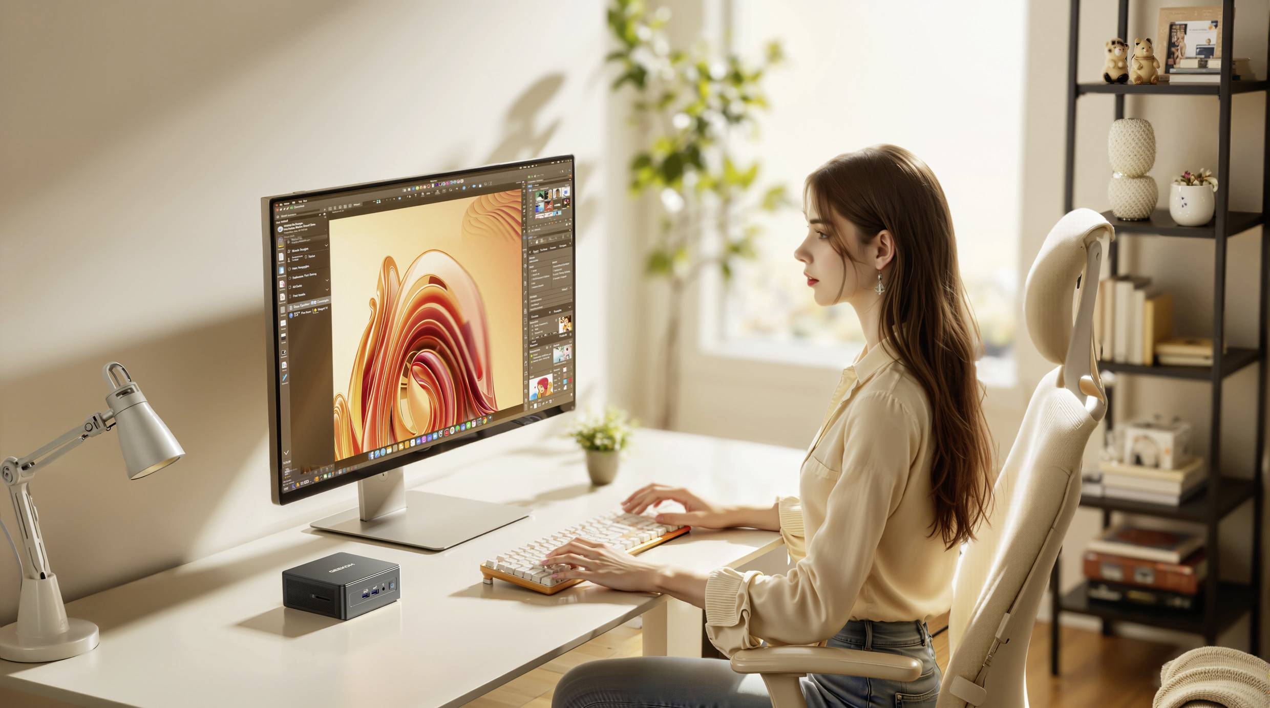 Een persoon zit aan een bureau en gebruikt een grafisch ontwerpprogramma op een grote monitor. De kamer is goed verlicht, met planten en planken op de achtergrond.