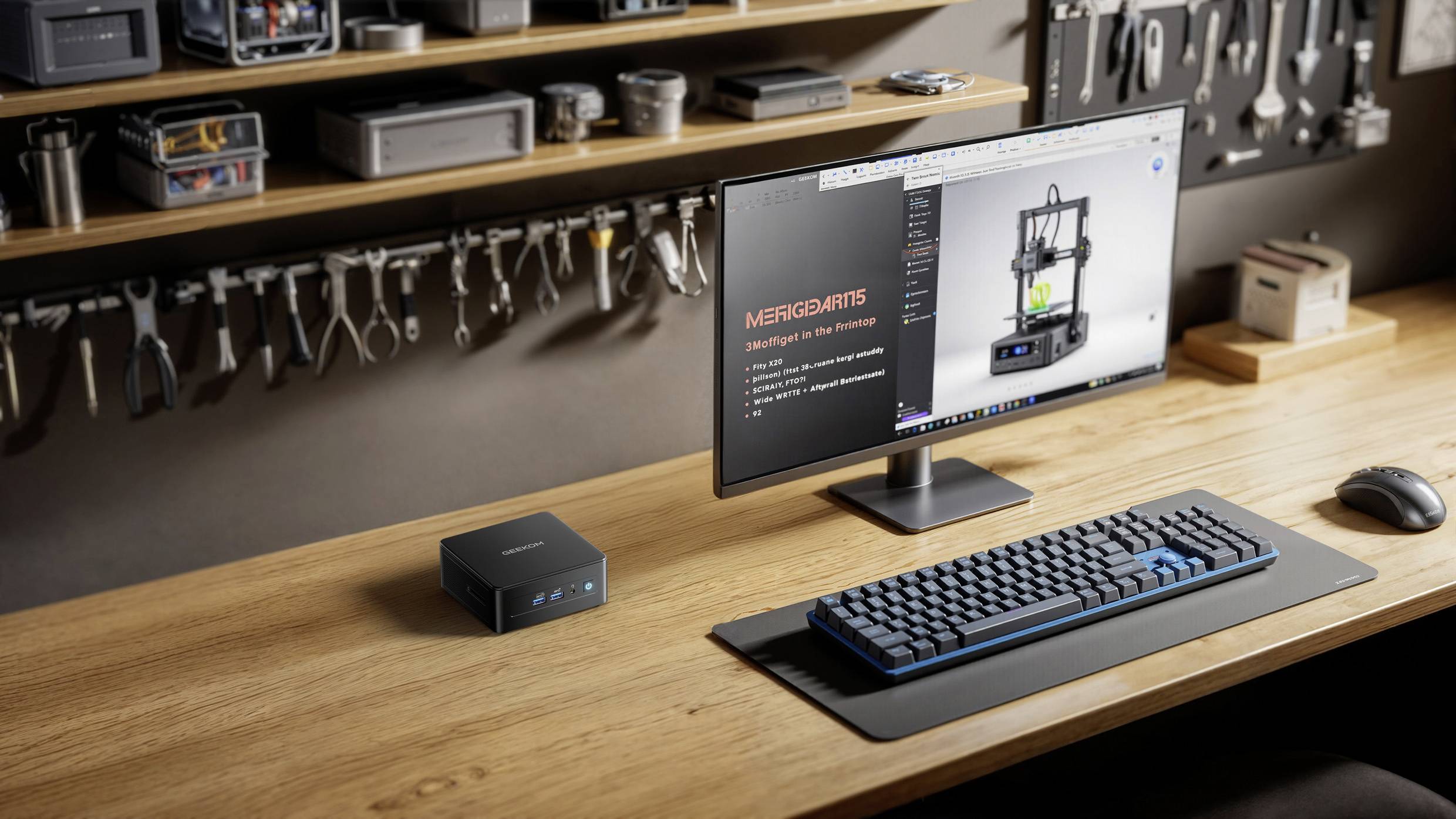 Een moderne bureauopstelling met een computer die een 3D-printer ontwerp toont. Planken met gereedschap zijn op de achtergrond te zien, wat duidt op een werkruimte.