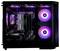 Een gaming-pc met zacht gloeiende roze en paarse LED-ventilatoren binnenin een behuizing, waarbij de interne componenten zoals het moederbord en voedingskabels zichtbaar zijn.