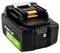 Oplaadbare batterijpak gelabeld als 'Green Cell 18V 3.0Ah' met laadniveau-indicator, zwart met groene en witte accenten.