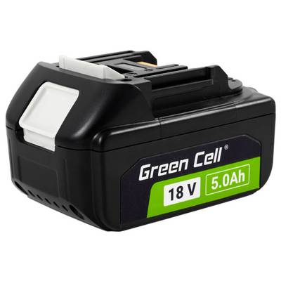 Een zwarte en groene batterij met het label 'Green Cell 18V 5.0Ah', dat de spanning en ampère-uur capaciteit aangeeft.