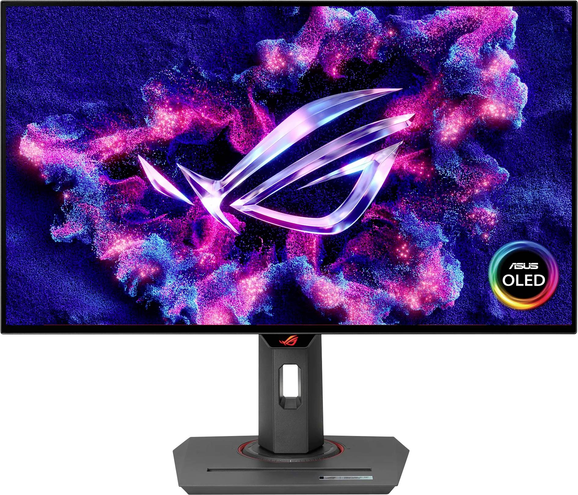 Een monitor die levendige, kleurrijke beelden vertoont met het ASUS ROG-logo. Het scherm toont levendige roze en blauwe tinten rondom het logo.