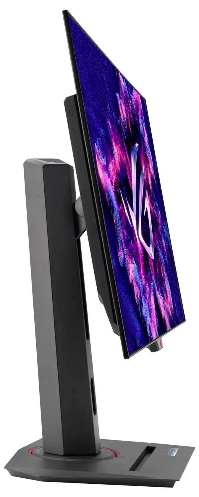 Een zijaanzicht van een strak ontworpen computermonitor die levendige abstracte roze en blauwe graphics op het scherm weergeeft, bevestigd aan een stevig standaard.