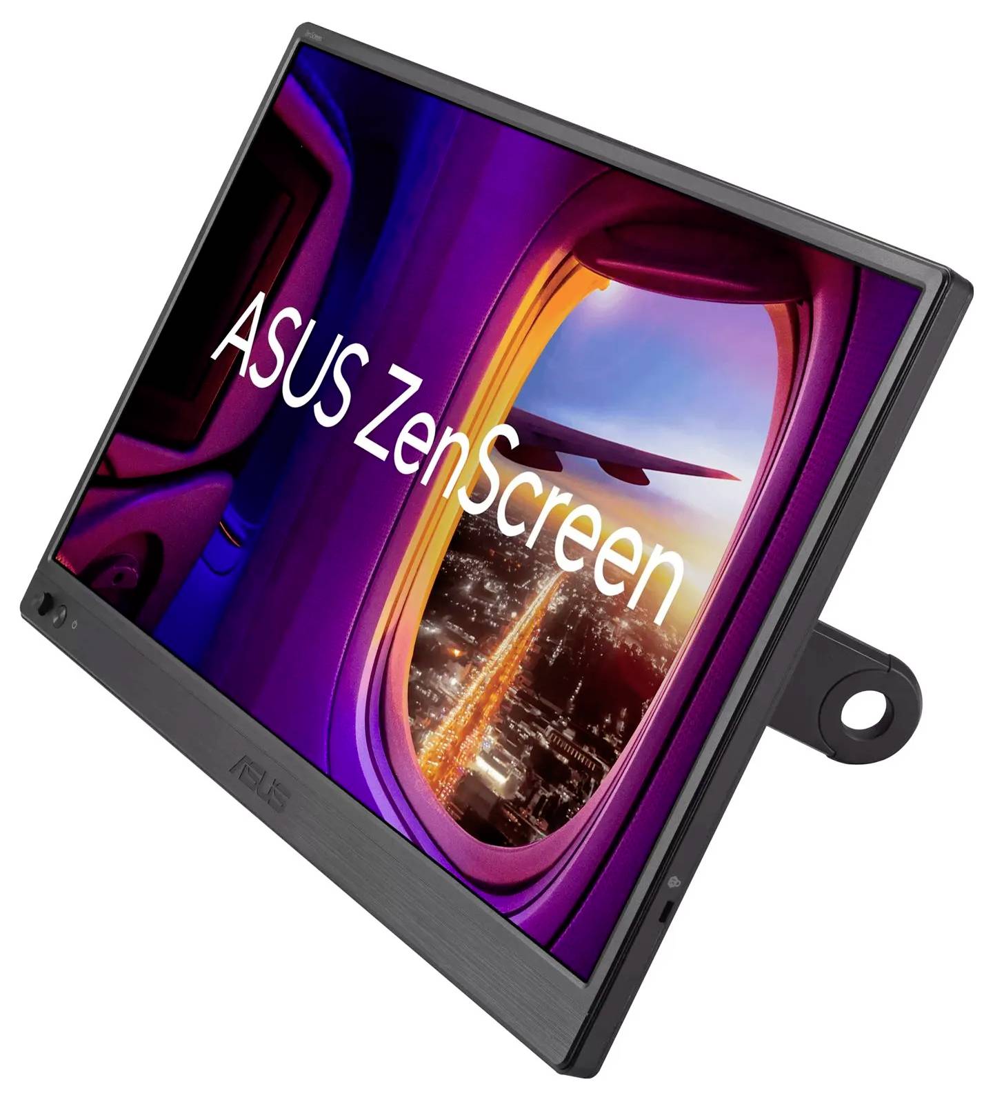 Een Asus ZenScreen draagbare monitor waarop een afbeelding van een zonsondergang door een vliegtuigvenster wordt weergegeven, waarbij het reisvriendelijke ontwerp wordt benadrukt.