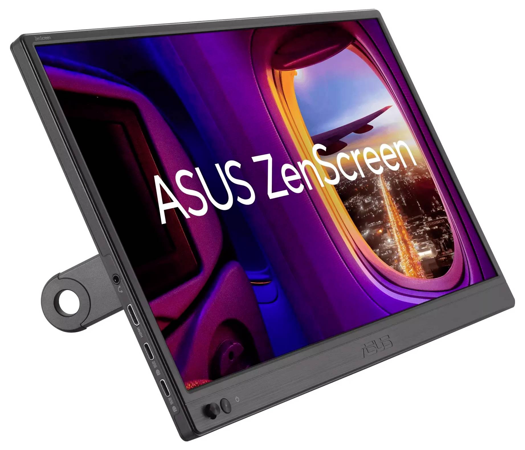Een draagbare ASUS ZenScreen monitor die een vliegtuigraamzicht toont met een zonsondergangslucht en stadslichten, met nadruk op reizen of mobiliteit.