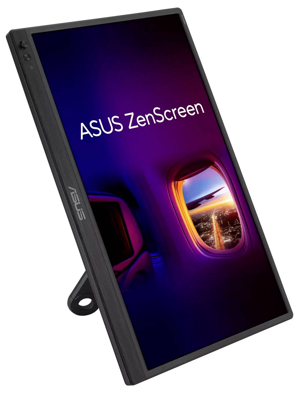 Een slanke ASUS draagbare monitor waarop 'ASUS ZenScreen' wordt weergegeven, met op de achtergrond een vliegtuigvenster dat uitkijkt op een stadslandschap bij zonsondergang.