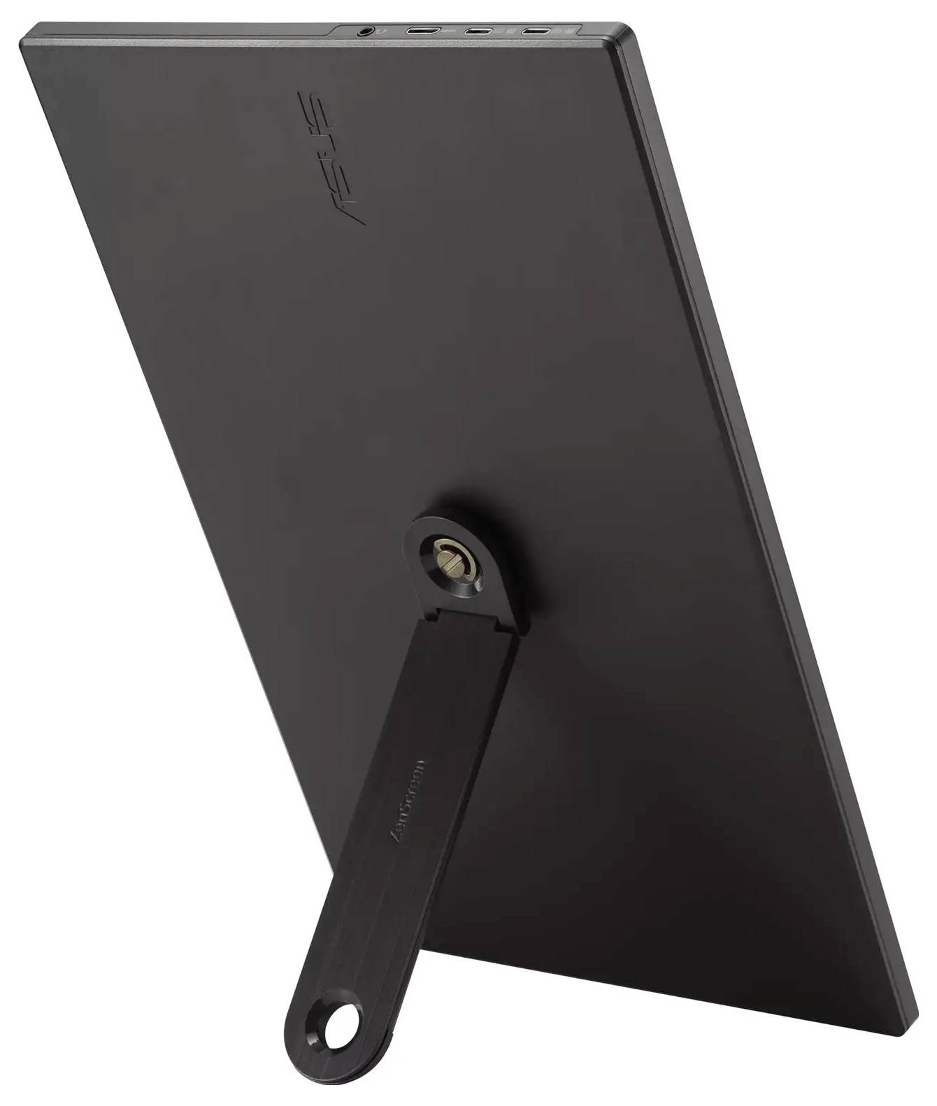 Een zwarte draagbare monitor met een slanke vormgeving wordt ondersteund door een bijgevoegde standaard aan de achterkant, waarbij poorten aan de rand zichtbaar zijn.