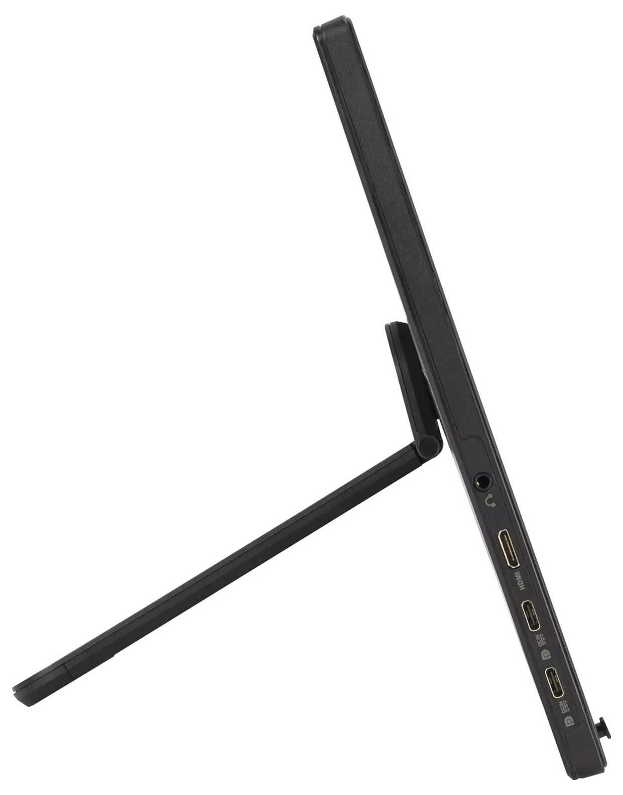 Zijaanzicht van een tablet met een ingebouwde standaard. Poorten en sleuven voor connectiviteit zijn zichtbaar langs de rand van het apparaat.