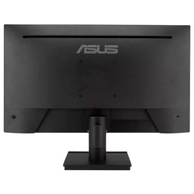 Achterkant van een zwarte Asus computermonitor met een rechthoekige voet, waarbij het Asus-logo bovenaan het midden van de monitor wordt weergegeven.