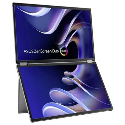 Een dual-screen ASUS ZenScreen Duo OLED-laptop die abstracte golfpatronen op beide schermen toont, geplaatst op een standaard.