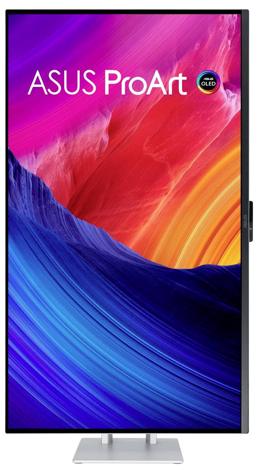 Een verticale weergave met levendige abstracte kunst in felle rode, blauwe en oranje kleuren. De linkerbovenhoek vermeldt 'ASUS ProArt OLED'.