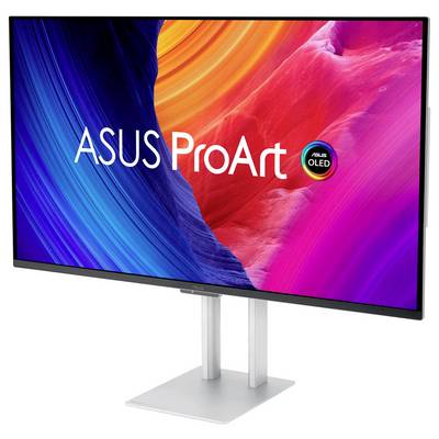 'ASUS ProArt' OLED-monitor die levendige kleuren weergeeft, waarbij een artistieke kleurverloop op het scherm wordt getoond.