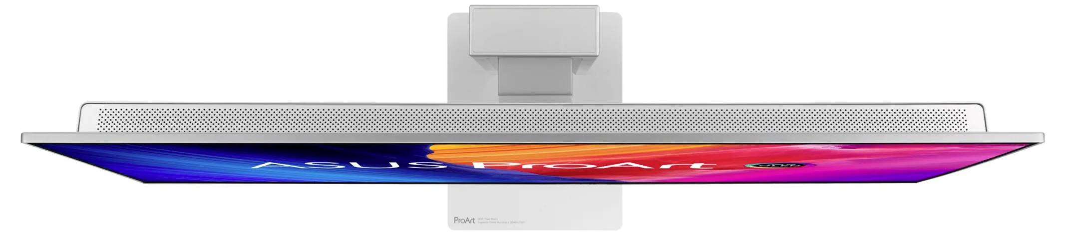 Bovenaanzicht van een aan de muur gemonteerd Asus ProArt-scherm, waarbij de dunne rand en het levendige scherm worden getoond.