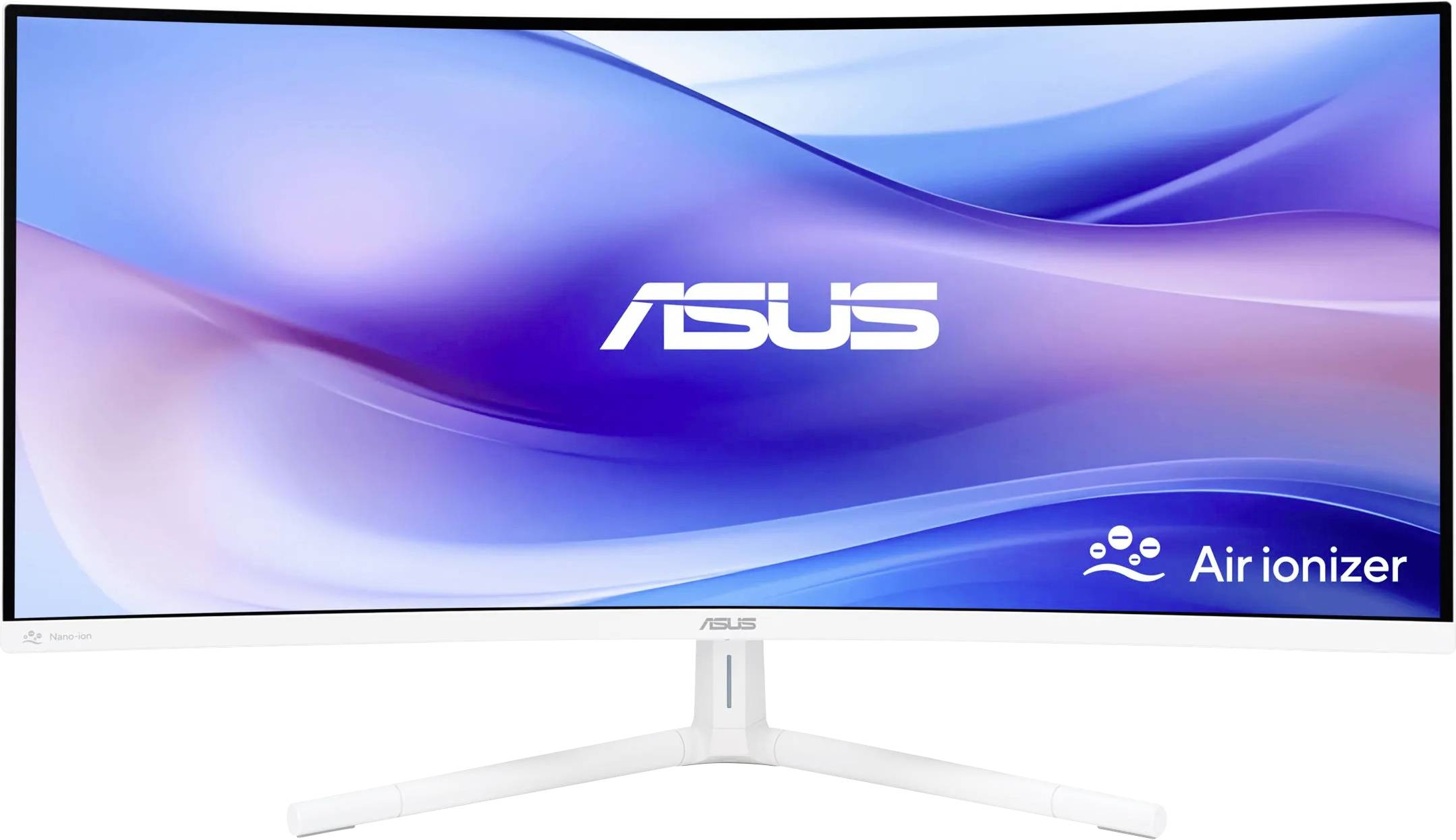 Een gebogen Asus-monitor die een blauw en paars abstract achtergrondontwerp vertoont met de tekst 'Luchtionisator' en een Asus-logo op het scherm.