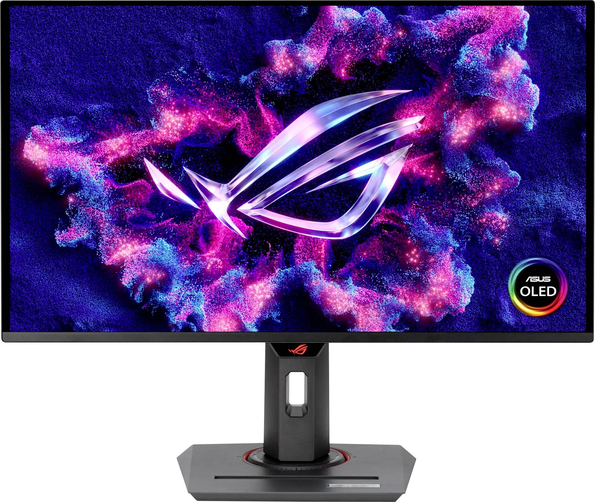 Een gamingmonitor toont een levendig ROG-logo op een kleurrijke roze en blauwe kosmische achtergrond, waarbij de OLED-schermfunctie wordt benadrukt.