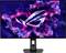 Een gamingmonitor die een levendig, abstract beeld vertoont met gloeiende roze en blauwe elementen die een gestileerd logo in het midden omringen.