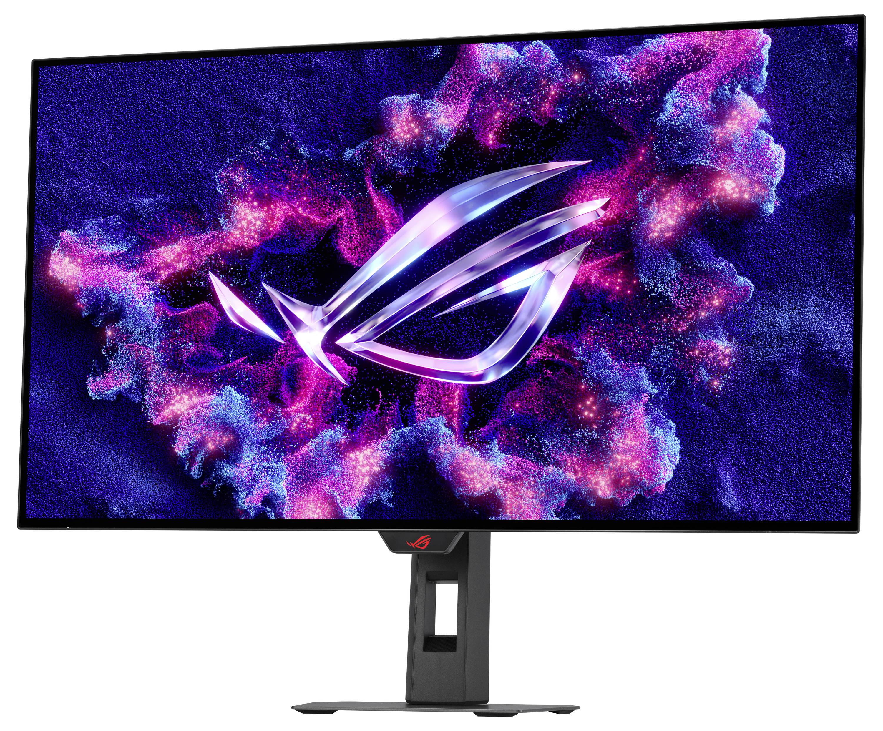 Een gamingmonitor met een levendige weergave toont een abstract, kleurrijk ontwerp gecentreerd rond een gestileerd logo op het scherm.