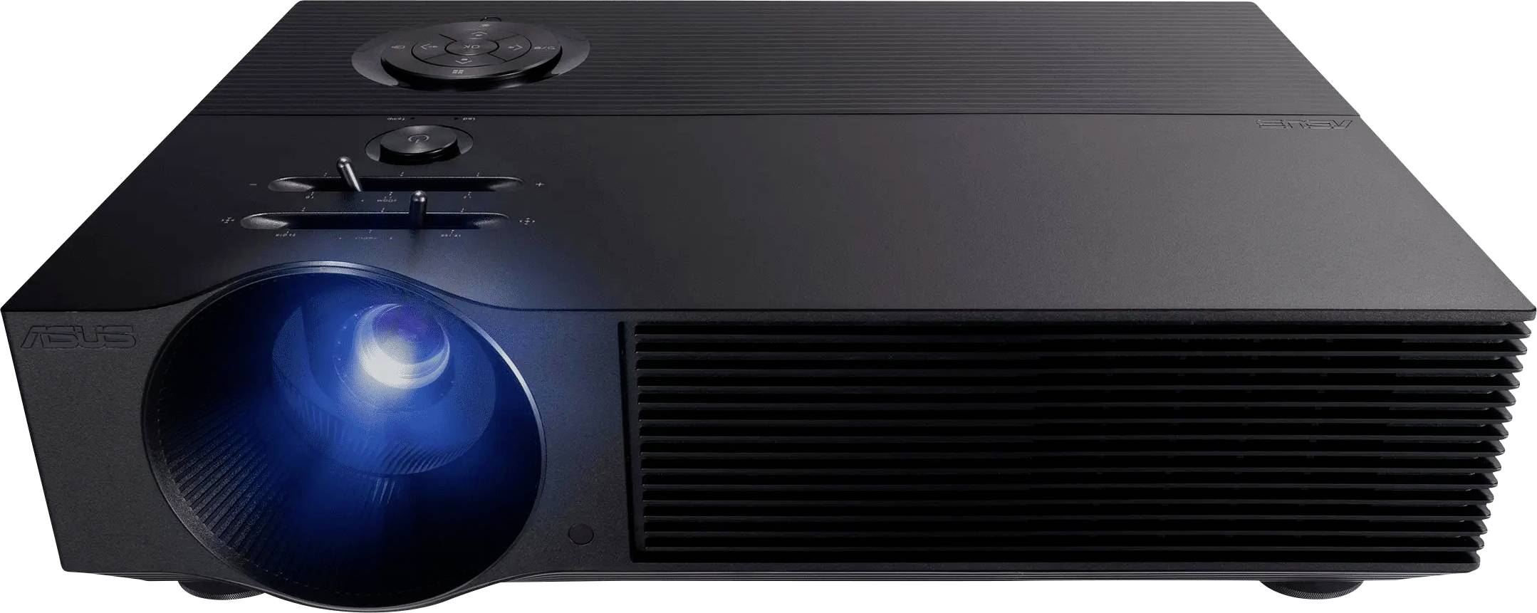 Een zwarte projector met een blauw licht dat uit de lens straalt, knoppen bovenop voor bediening en roosters aan de zijkant voor koeling.